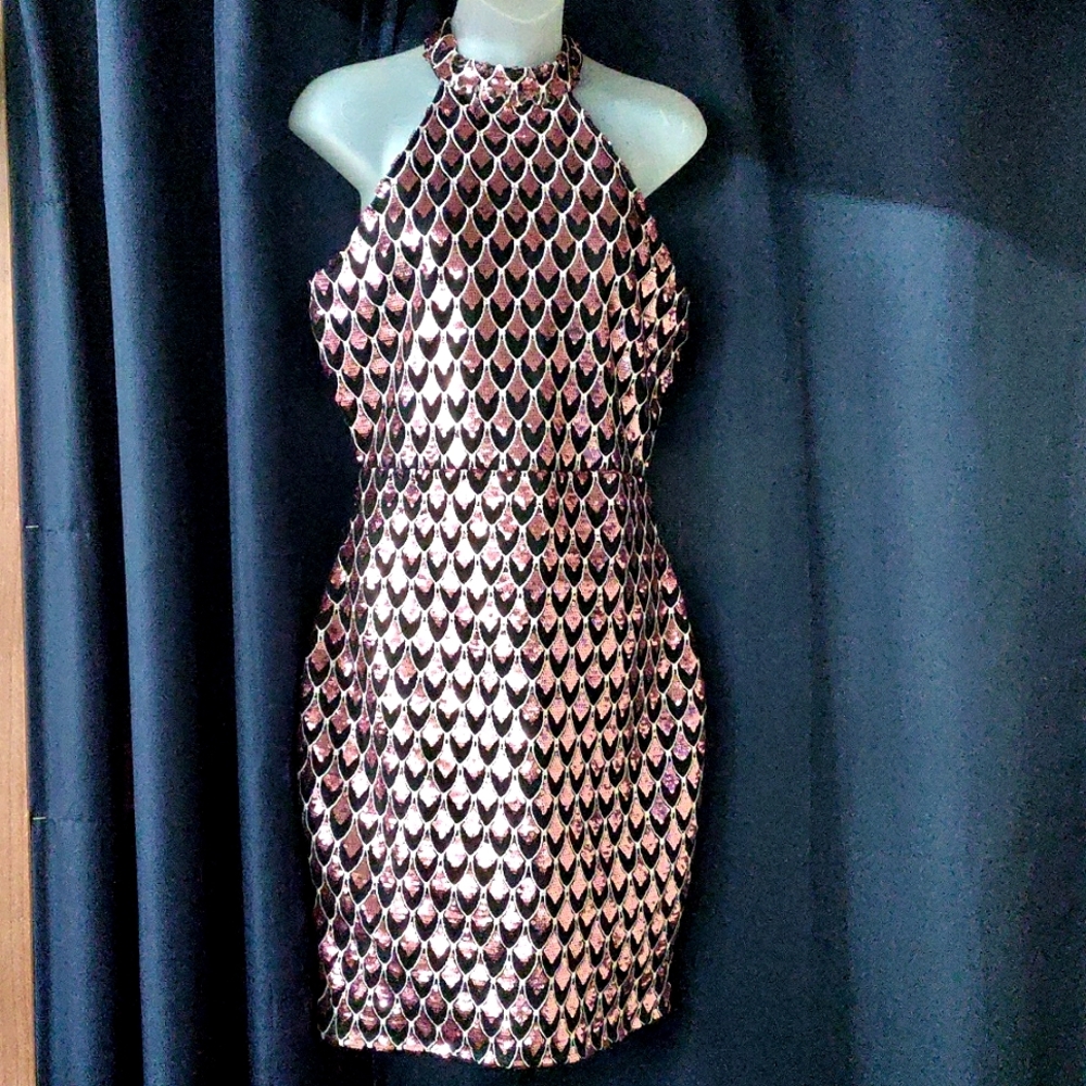 Pink and black sequined mini dress. Size 14.